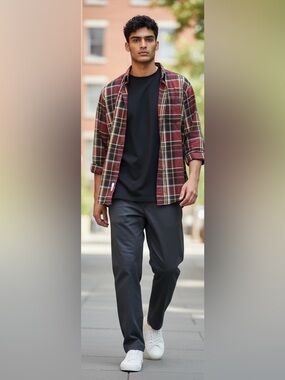 Men's Button-Up Plaid Shirt - Burgundy Size XL EUC